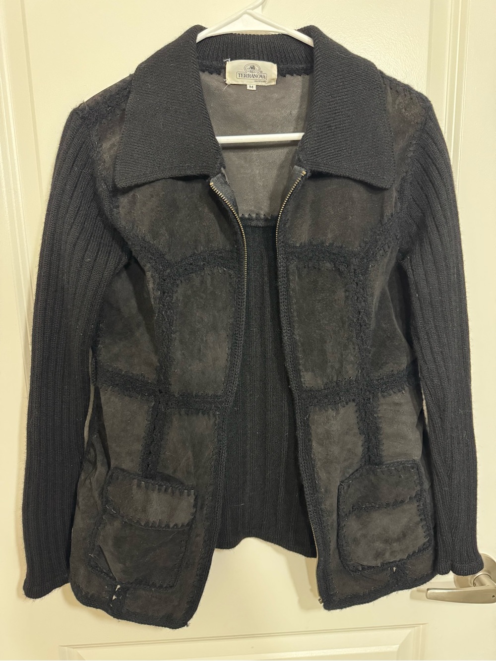 Vintage Terranova Y2K Black Suede Leather Wool Knit Patchwork Jacket M